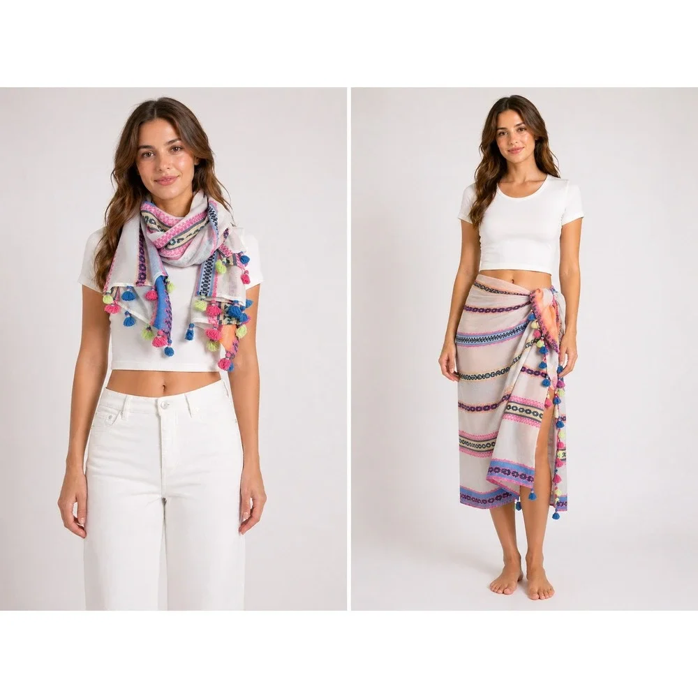 Tommy Bahama Tahitian Jacquard Scarf OS Fuschia Bloom Tassel Sarong Wrap Pareo
